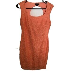 Metaphor Womens Sz S Lace Sheath Dress Mini Open Back Orange Lined Stretch Party